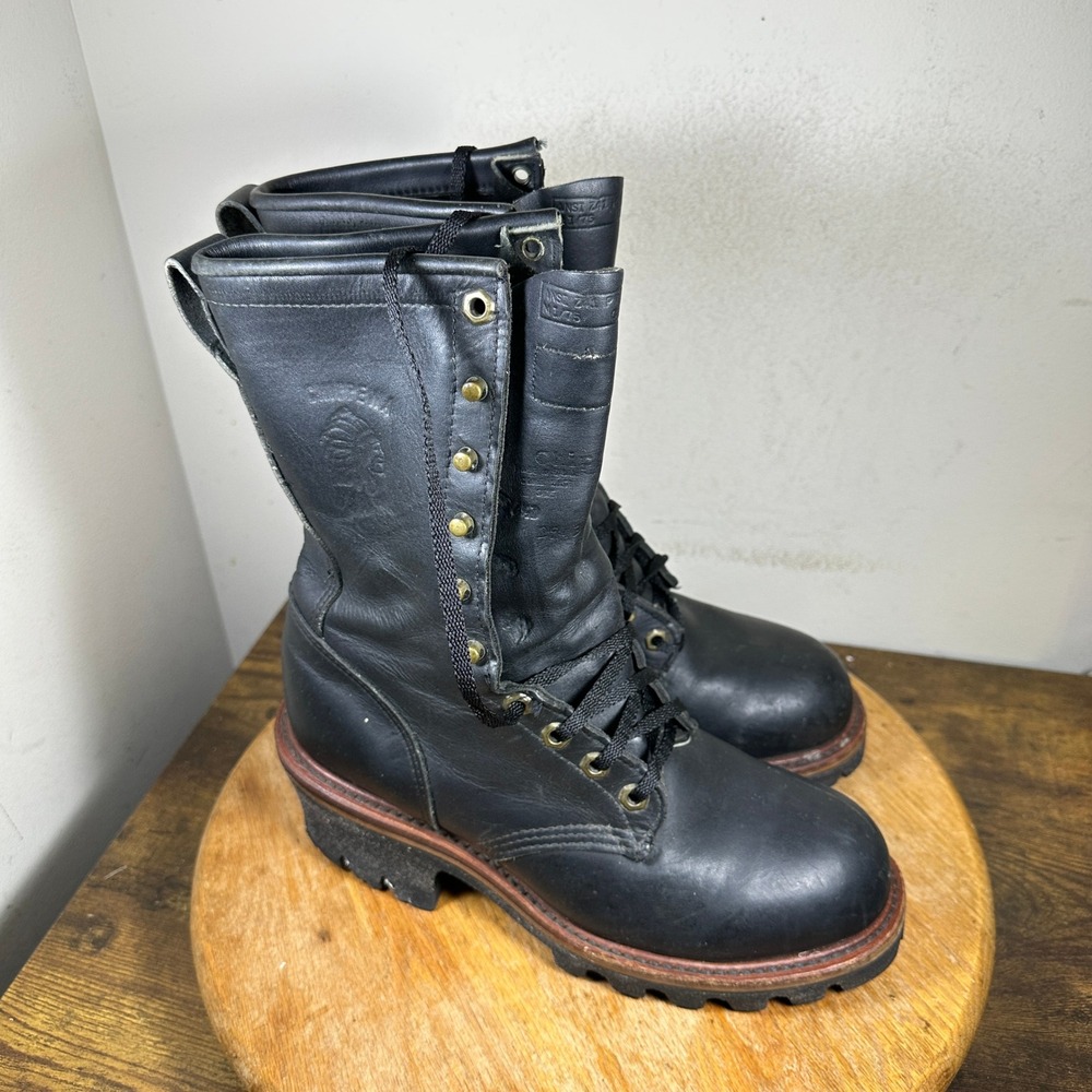 Chippewa Mens Black Leather Logger Boots Vibram Lug Sole Size 6.5